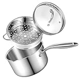 Buttermelt 2.5 Quart Stainless Steel Saucepan with Steamer Basket, Tri-ply Full Body, Multipurpose Sauce Pot with Two-Size Drainage Holes Lid, Perfect For Boiling Gravies, Pasta, Noodles