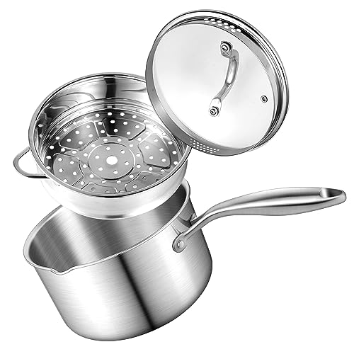Buttermelt 2.5 Quart Stainless Steel Saucepan with Steamer Basket, Tri-ply Full Body, Multipurpose Sauce Pot with Two-Size Drainage Holes Lid, Perfect For Boiling Gravies, Pasta, Noodles