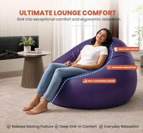 Image of Sattva Classic 3XL Bean Bag Chair with Beans Filled | Faux Leather Sofa Style Beanbags with for Living Room | Bin Bags Sofa & Beam Bag for Adults, Home & Office (Pre-Filled) - Purple