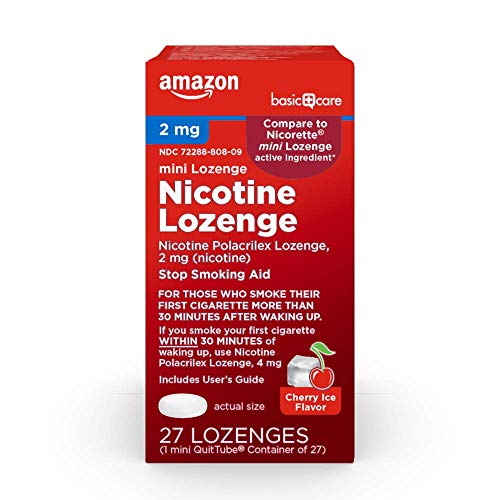 Amazon Basic Care Nicotine Mini Lozenge, Stop Smoking Aid, Nicotine Polacrilex 2 mg (nicotine), Cherry Ice Flavor, 27 Count