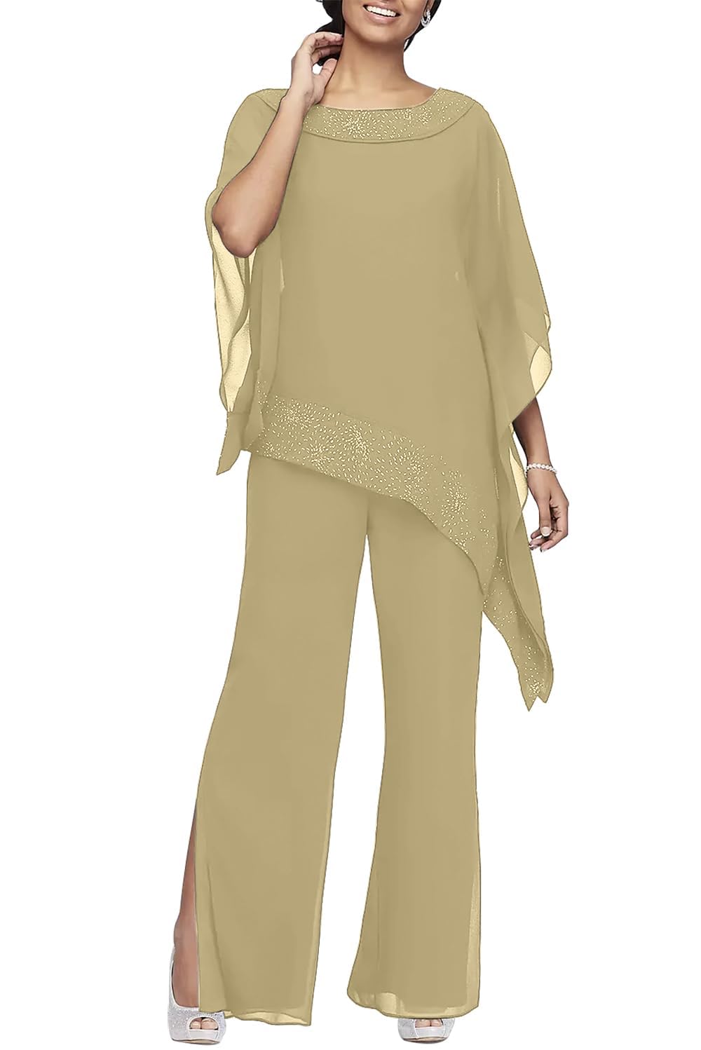3 Pieces Mother of The Bride Pant Suits - Chiffon Beaded Women Wedding Guest Groom Formal Evening Outfit