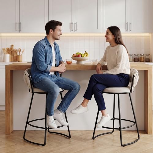 Butacos tapizados ALISH, juego de 4, con respaldo tejido y reposapiés metálico, estilo moderno para cocina y comedor (24 pulgadas, conjunto Ivy) miniatura 5
