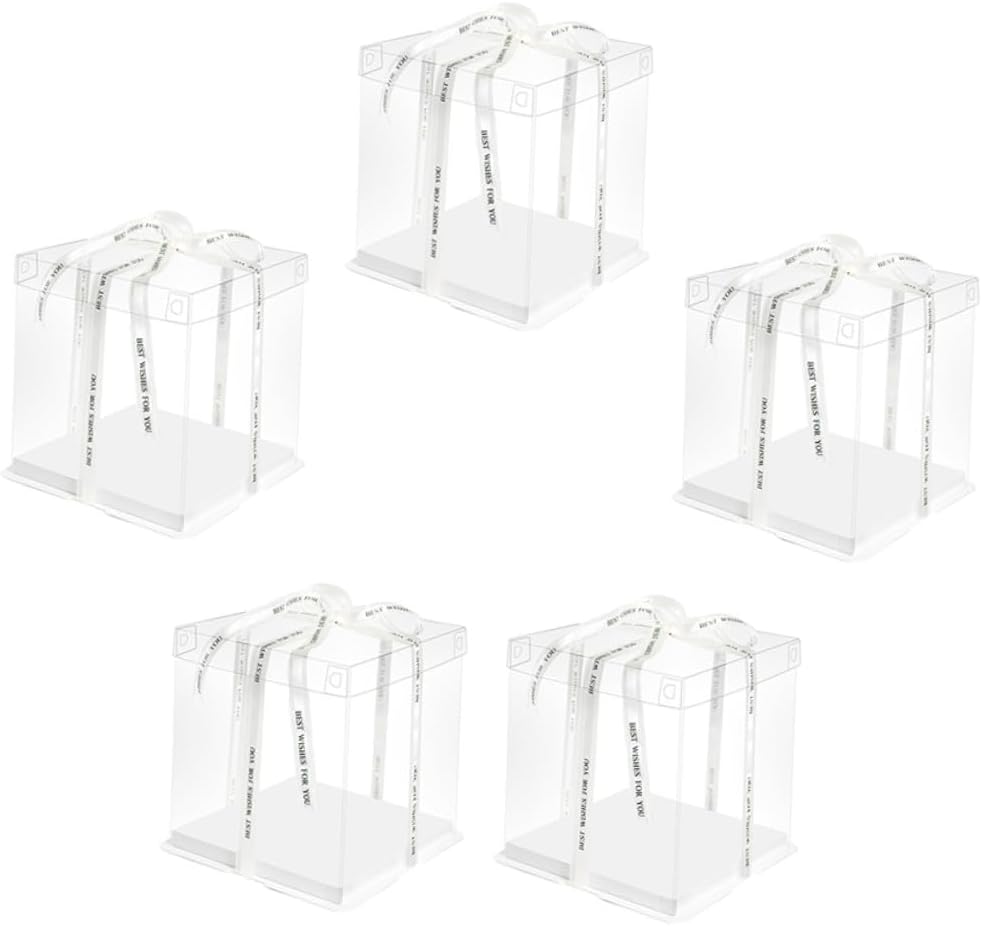 ABOOFAN 5pcs 8-inch Cake Storage Boxes with Elevated Design, Square Baking Cake Carrier Containers for Birthday Packaging, Food-grade Dessert Wrapping Cases with Ribbon