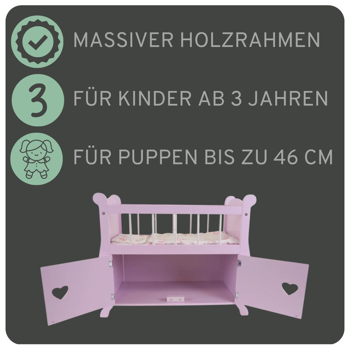 Bandits & Angels Puppenbett Sweetheart aus Holz mit Schrank rosa – Puppenbett aus Holz – geeignet für Puppen bis 46 cm – inklusive Decke – Puppenbett – Puppenmöbel