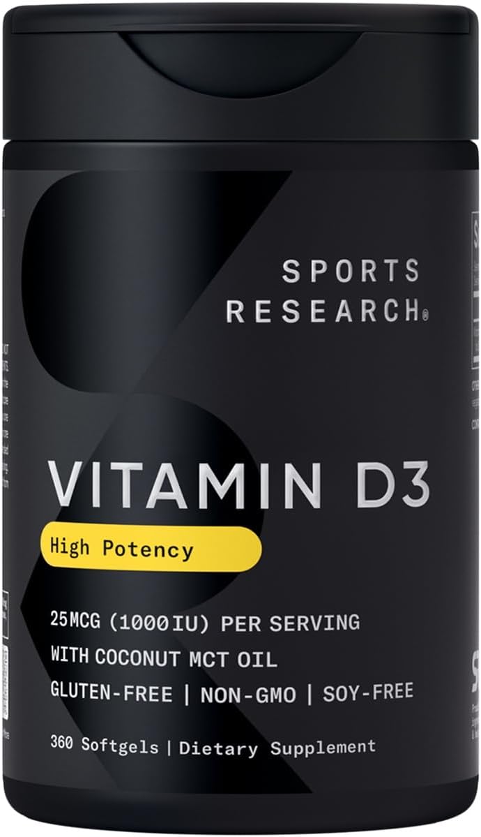 Vitamin D3 1000 IU with Coconut MCT Oil - High Potency Vitamin D Supplement for Immune & Bone Support - Gluten Free · Non-GMO · Soy Free - 360 Count Softgels