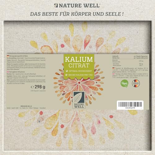 Kalium Kapseln 240x - optimal hochdosiert mit 2240 mg Kaliumcitrat pro Tag, davon 800 mg elementares Kalium - bioverfügbar & verträglich - laborgeprüft mit Zertifikat - Vorrat für 120 Tage