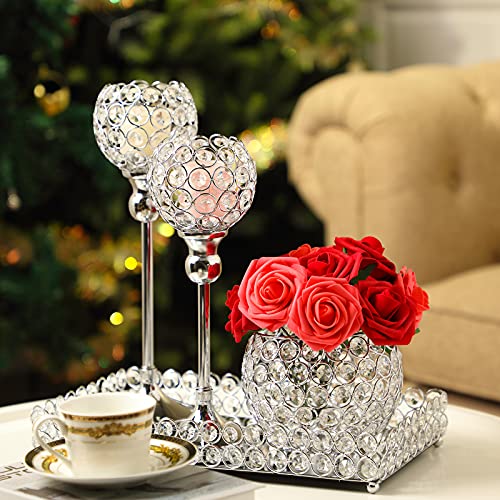 4 Packs Crystal Candle Holders Centerpieces Table Decorations, Crystal Tea Lights Candelabras, Centerpiece Table Mirror Tray, For Vase Decoration, Wedding Centerpieces Tables Decoration (Silver) #TOP5