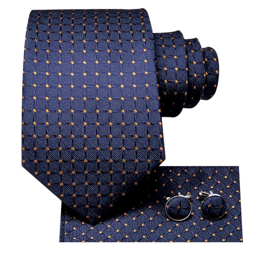 Dubulle Mens Orange Blue Striped Tie WOVEN Necktie for Men and Handkerchief Cufflinks Set Wedding Formal Business