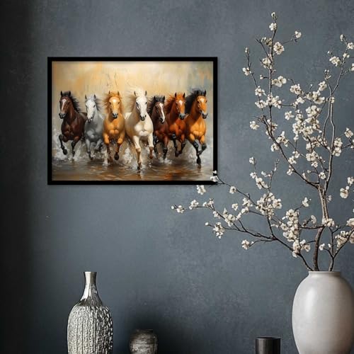 Image of HOTHOUSE Seven Running Vastu Lucky Horse Painting | 7 Horses Vastu Frame Wall Art Painting for Living Room Bedroom Office Home Decor Wall Decor Size (13X17 inch)