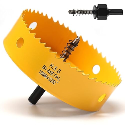 Image of 120mm Hole Saw, HSS Bi-Metal Hole Cutter with Drill Bit, Heavy Duty Hole Saw for Wood, Plastic, Drywall, Fiberglass, Yellow
