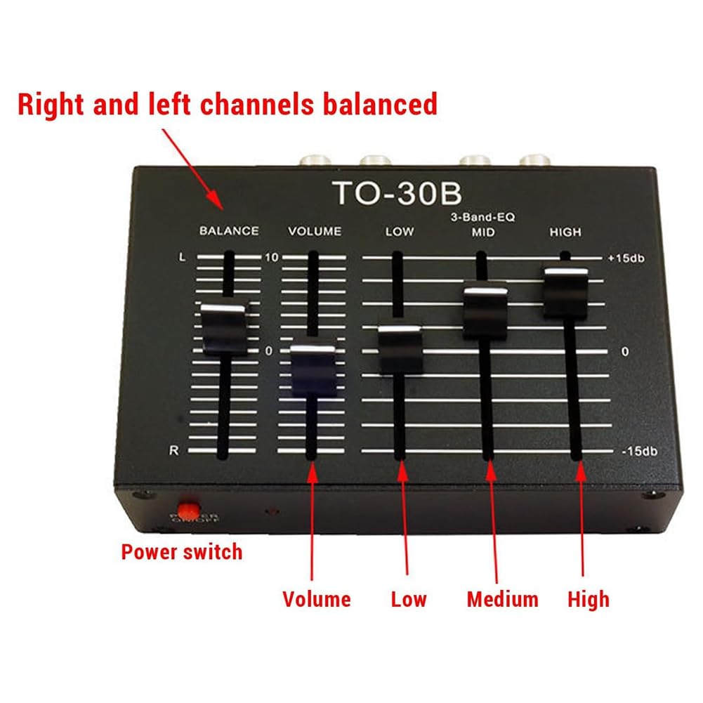 Equalizzatore A 3 Bande EQ con Controllo del Volume A Basso Rumore. Regolazione 'Alta, Media e Bassa Frequenza per Giradischi, Schede Audio e Chitarre.