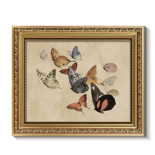 ARPEOTCY Vintage Gold Framed Wall Art, Classical Flying Butterflies Paintings, 8x10 inch Small Aesthetic Canvas Prints Artwork with Frame, Victorian Wall Decor for Living Room Bathroom Bedroom Shelf