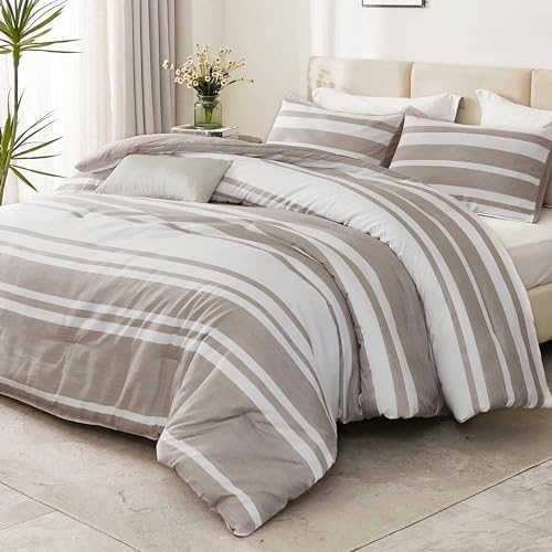 Bedsure HU-XI-141 Bed In A Bag Queen Size 7 Pieces, Light Camel White Striped Bedding Comforter Sets All Season Bed Set Khaki thumb #7