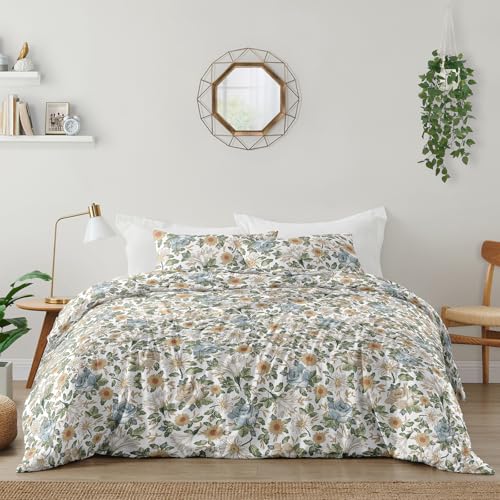 Image of Sweet Jojo Designs Vintage Floral Blue Yellow Girl Full Queen Bedding Set Kids Comforter Childrens Size - 3pcs - Slate Green Gold Orange Taupe Beige Shabby Chic Rose Flower Boho Bohemian Farmhouse