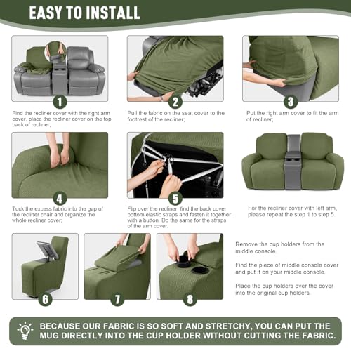 Image of KinCam Loveseat Recliner Covers with Middle Console Slipcover, Recliner Sofa Covers 2 Seat Couch Cover Stripe Jacquard Furniture Protector Covers with Elastic Bottom for Kids, Pets(Olive Green)