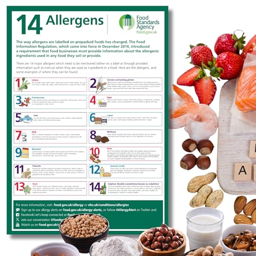 Image of Food Allergens Poster Sign A4 Self Adhesive 297mm x 210mmmm, 1pc or 2pc – 14 Allergens Self-Adhesive Vinyl Sticker, Waterproof, Oil proof, Food Standards Agency compliant, Kitchens and Restaurants (1)