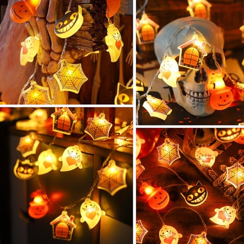 Qillnyy Catena luminosa decorativa per Halloween, 4 m, 20 LED, 4 tipi di luci di Halloween, zucca, spirito, ragnatela, gatto, 2 batterie AA per Halloween, feste, camere
