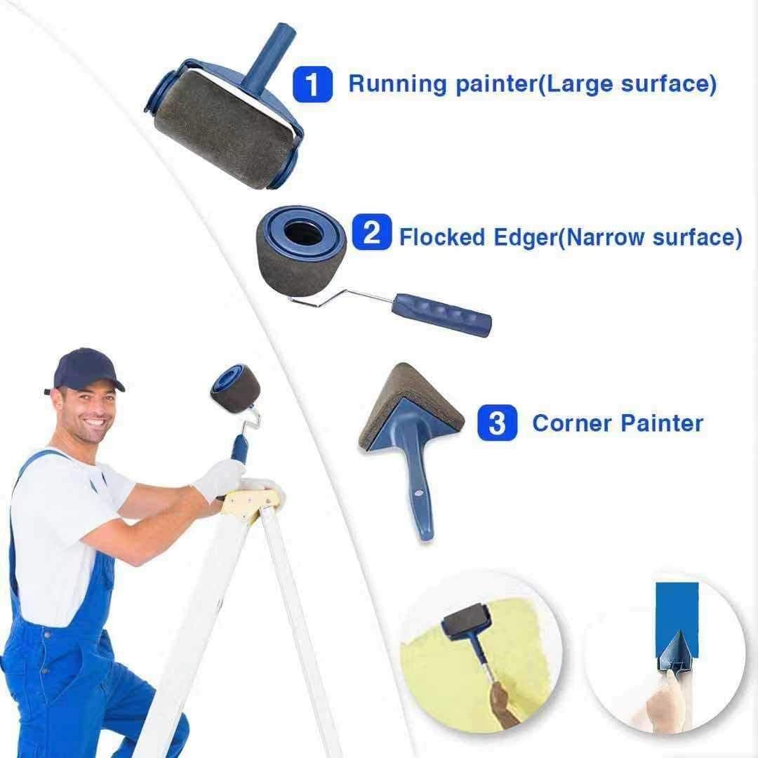 Paint Roller Kit, 9PCS DIY Wall Printing Brush kit with Paint Runner Pro Brush, Wall Printing Brush, 3 Telescopic Poles for House, School & Office Wall, Ceiling