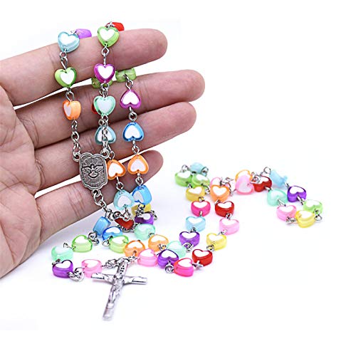 Handmade Wooden Resin Crucifix Rosary Beads Chain Pendant Necklace Colorful Love Heart Catholic Cross Virgin Mary Jesus Necklace For Women Girl Men Boy Religious Lord Praying Jewelry Gift-A Heart #TOP1