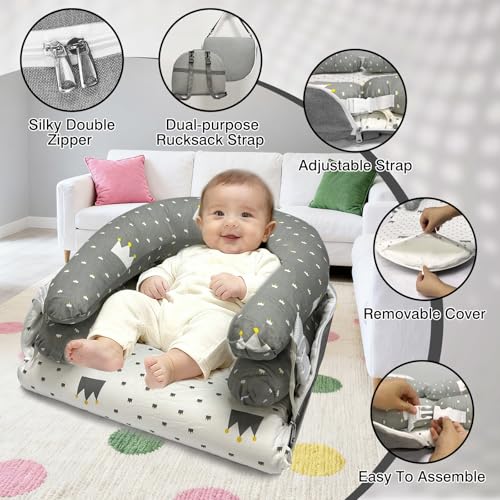 Image of Baby Lounger, Foldable Portable Waterproof Baby Nest Cover, 0-24 Months Newborn Tummy Time Training & Seating Support Pillow, Dual-Use Breathable Infant Lounger Backpack for Home & Travel (Gray)