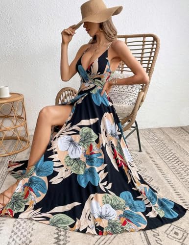 JENJON Robe Longue Femme Été Bretelles Imprimé Boheme Élegante Maxi Deep V Neck Robe de Plage Cocktail Chic Noir XXL – vue 5