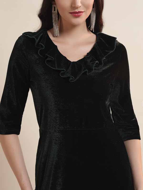 Image of Vaararo V-Neck Party Dress for Women Bodycon | Shiny Velvet Half Sleeves Above Knee Length Outfit