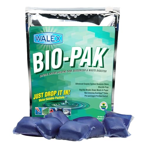 Walex Bio-Pak Black Holding Tank Deodorizer & Waste Digester Drop-Ins - Advanced Enzyme Formula for Rapid Breakdown of Waste & Paper, Removes Odors & Cleans Tank, Biocide Free - Mint, 50-Pack