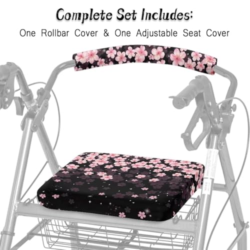 Image of Soft Walker Seat Covers, Cherry Blossom Universal Rollator Backrest and Seat Covers, Adjustable Accessories for Seniors Women Men
