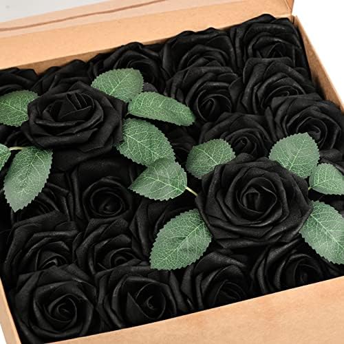 HappyHapi 50Pcs Artificial Flowers Roses Bulk Black Foam Fake Roses with Stems for Wedding, Bridal Shower Decorations Fake Flowers Centerpieces Tables Decorations