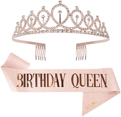 Mikccer Rose Gold 50th Birthday Sash and 50 Birthday Tiara, Rhinestone Crown Headband for 50th Birthday Gifts, 50th Birthday Decoration Party Accessories for Women