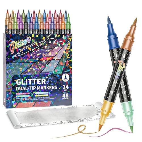 Dual Tip Outline Pens 24 Pack 48 Colors, Double Line Self-Outline Metallic Markers, Shimmer Glitter Pens for Kids & Adults, Two-Tone Markers for Gift Card Making, DIY Art