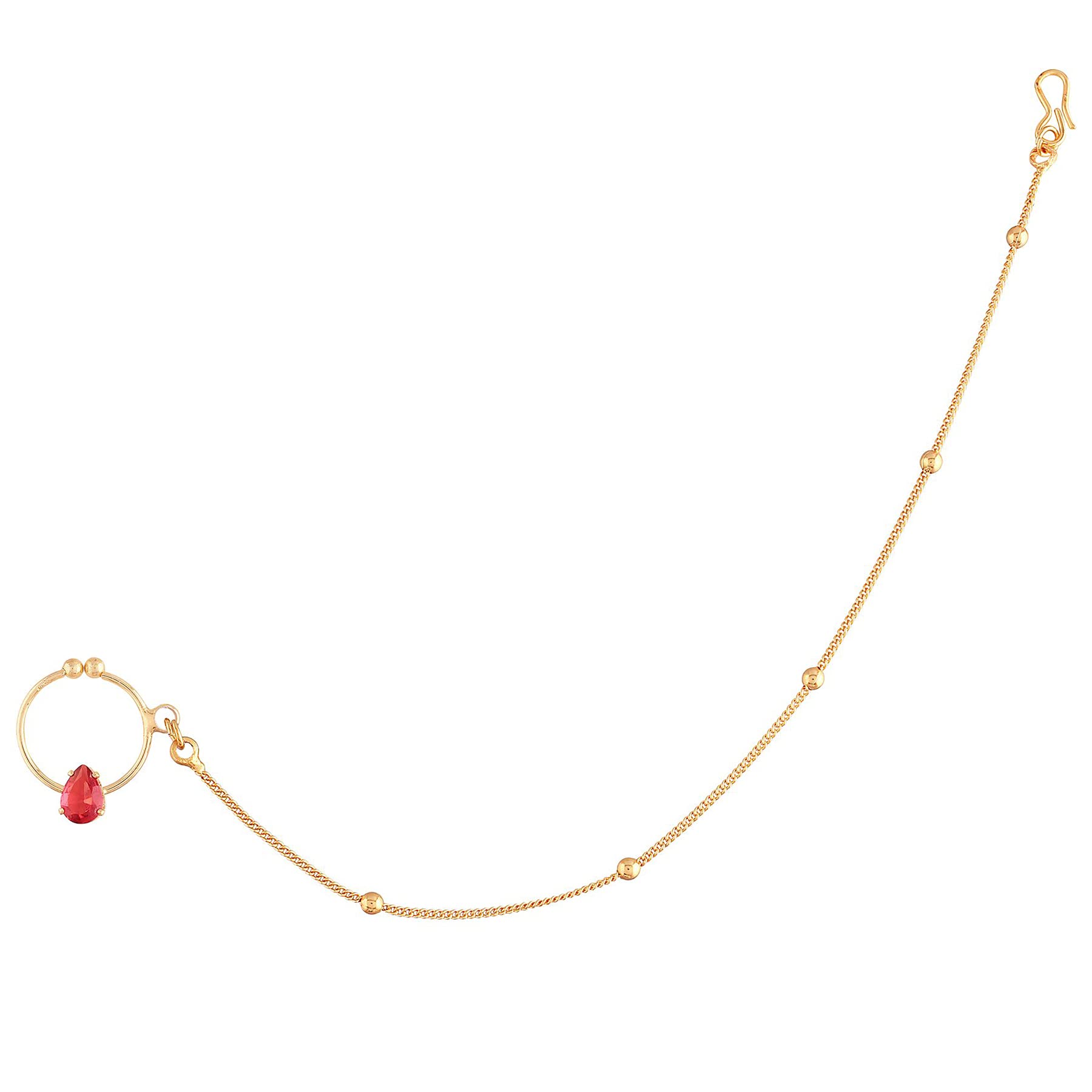 peora Gold Plated Ethnic Crystal Nose Ring Nath without Piercing with Pearl Beaded Chain-picture-1