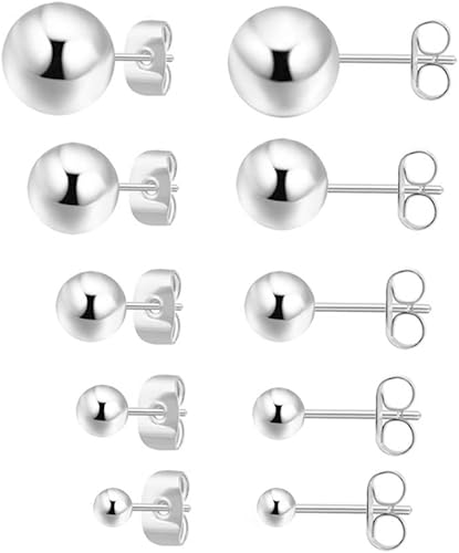 Aretes pequeños para mujer hipoalergénicos pequeños aretes de bola redonda de plata de ley para mujer, múltiples piercings, 5 pares de aretes