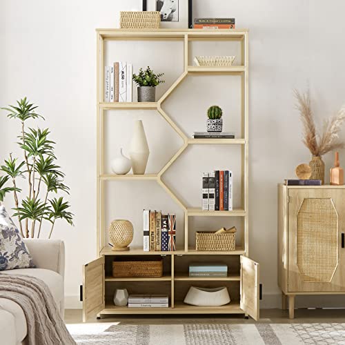 Rattan Bookshelf 5 Tiers Bookcases Storage Rack With Cabinet,Freestanding Industrial Bookshelves For Living Room, Bedroom, And Home Office(Natural) #TOP2