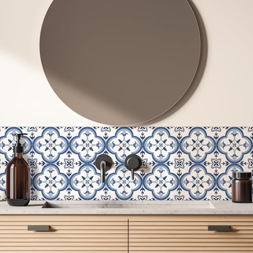Alwayspon Tile Sticker, Blue and White Self Adhesive Stick on Floor Tiles Transfer for Bathroom Kitchen, Splashback, Peel and Stick Vinyl Flooring Tiles Sticker, 24PcsX15cm/6inch