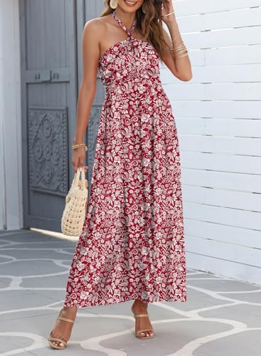 Image of Dokotoo Women's Summer Dresses Halter Neck Sleeveless Backless Flowy A Line Boho Maxi Dress