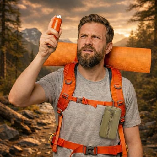 Ruxaqm 2-in-1 Bear Spray Holster with Zipper Phone Pocket, Fits 7.9-9.2oz Canisters, Nylon Bear Spray Holder for Belt & Backpack, Strong Elastic Tactical Gear for Hiking Camping Hunting (Brown) — view 6