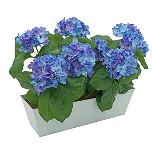 Greenbrokers Artificial Blue Hydrangea Flower Bush In White Tin Window Box (45Cm) With Nine Flower Clusters For Home Or Outdoor Living #TOP10