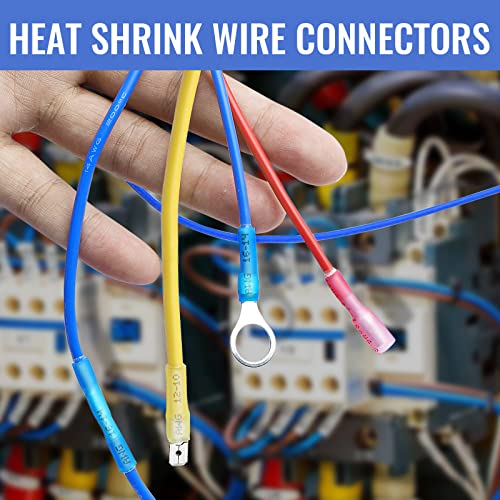 500 Pcs Heat Shrink Wire Connectors Qibaok Insulated Electrical Terminals Kit Waterproof Marine Crimp Connector Assortment Ring Fork Spade Butt Splices #TOP6