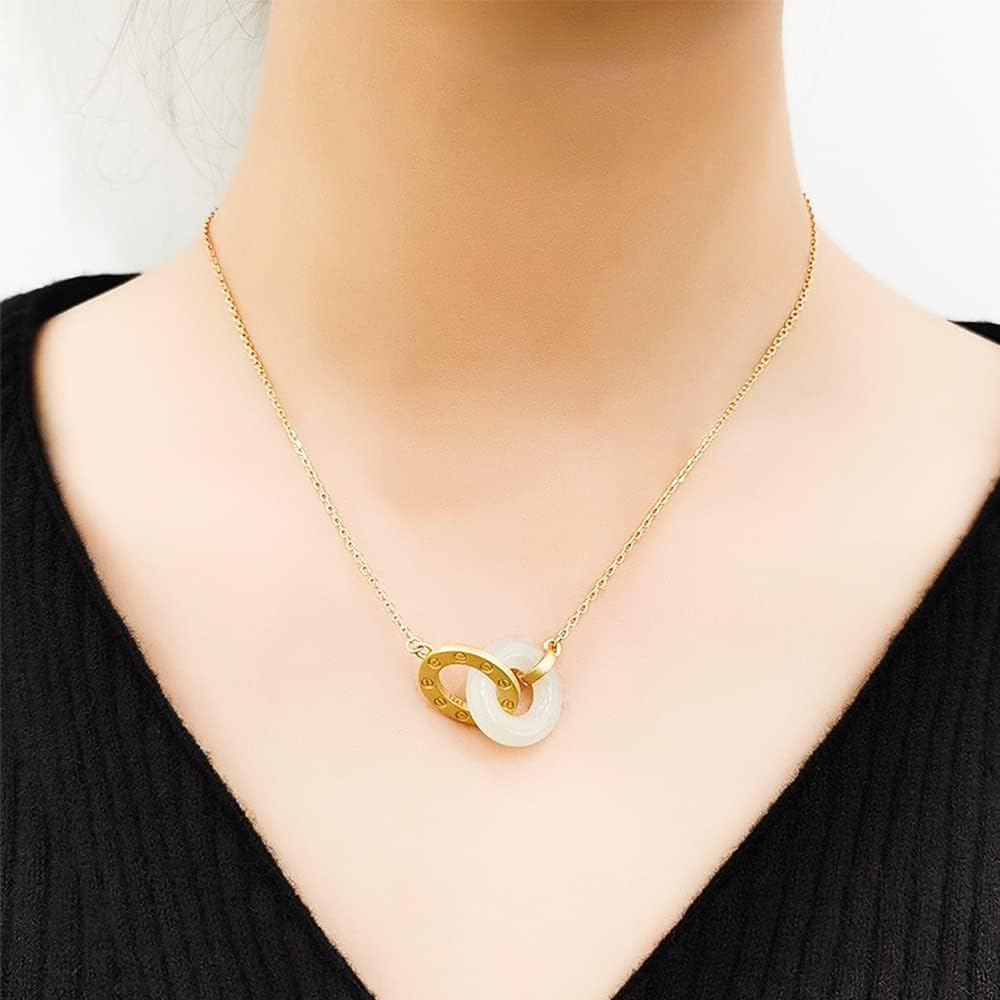 Natural Jade Donut Pendant Necklace for Women Grils, White Gemstone Gold Plated Pendant with Good Fortune, Length Adjustable, 18'' - Image 5