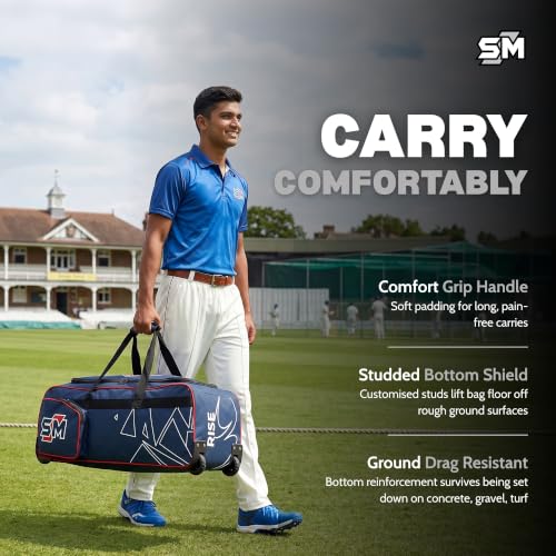 Image of SM Rise Cricket Kit Bag with Wheels | Wheelie Cricket Bag | Premium Ripstop Fabric | Heavy-Duty Wheel System | Separate Bat Pocket | Lockable U-Zip | Rust-Proof | Easy Transportation Cricket Bag