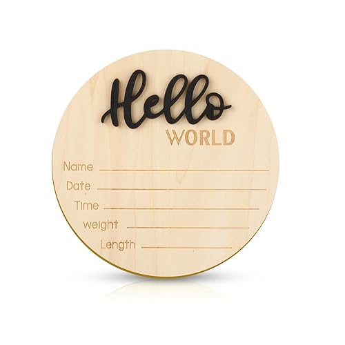 Miniatura 7 de Letrero de anuncio de bebé, 5.9 pulgadas de madera con texto en inglés Hello World para recién nacido, placa de nombre de nacimiento para accesorios