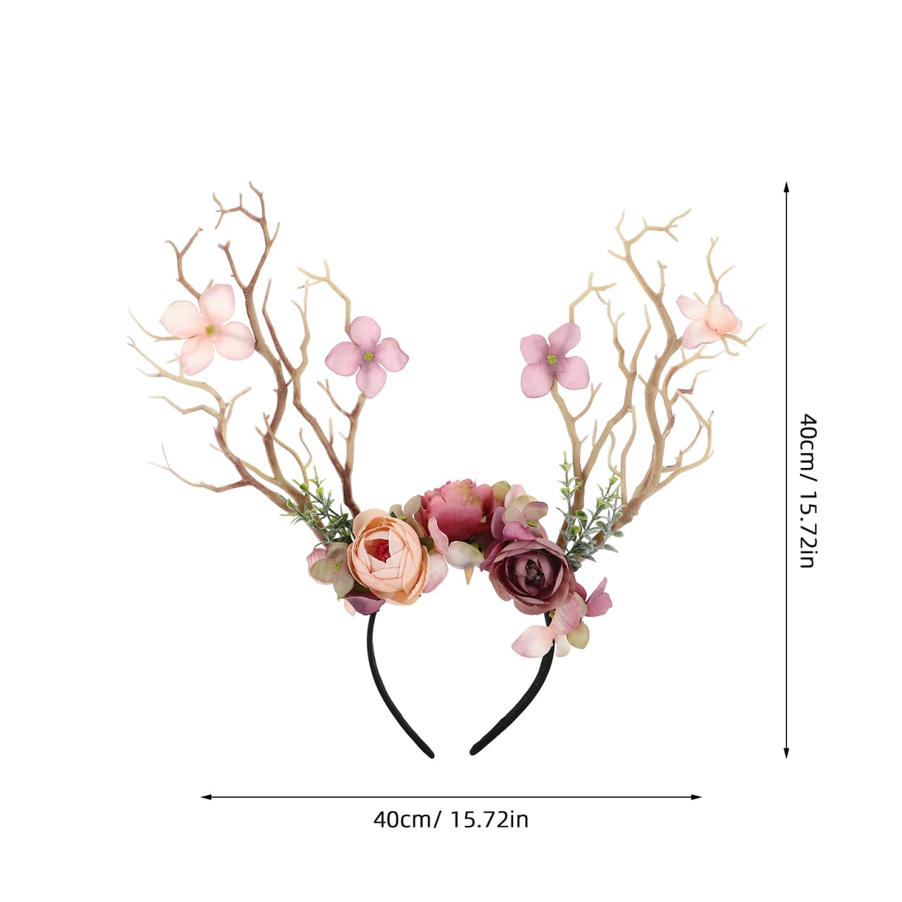 Serre-tête de renne de Noël avec bois et fleurs - Accessoire élégant pour les fêtes, séance photo et idée cadeau - Design branche marron clair