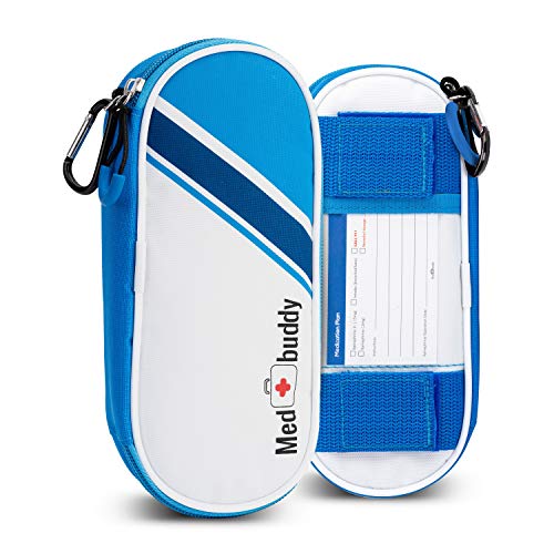 MedBuddy Portable Travel Case - Holds 2 EpiPens or Auvi-Q, Inhaler, Allergy/Asthma - Expandable and Compact for Emergency Access (Blue Stripe)