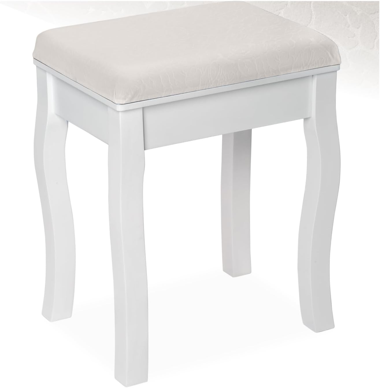 tectake® Sgabello Toeletta Trucco, Affusolato, in Legno Massello, Imbottitura Morbida, Rivestimento Floreale, Base 4 Gambe Curvate, Protezione Pavimento, 40x30x51 cm, Arredamento Casa - Bianco
