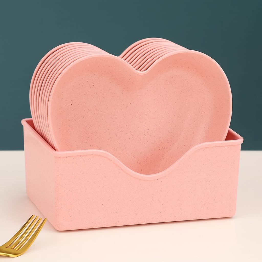 DEVER Plastic Heart Shape Snack & Dessert Plate Set for Kids with Stand | Lightweight, Eco-Friendly & Microwave Safe Chat Plates | Wheat Straw Fiber | Pink, Set of 10-image-22