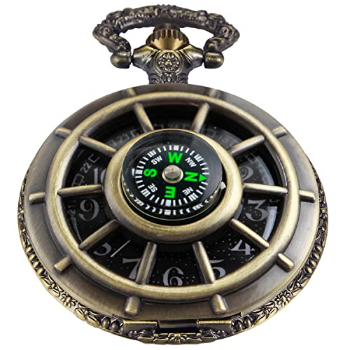 Whodoit Bronze Men's Hollow-Out Compass Quartz Pocket Watch, Rudder Hollow