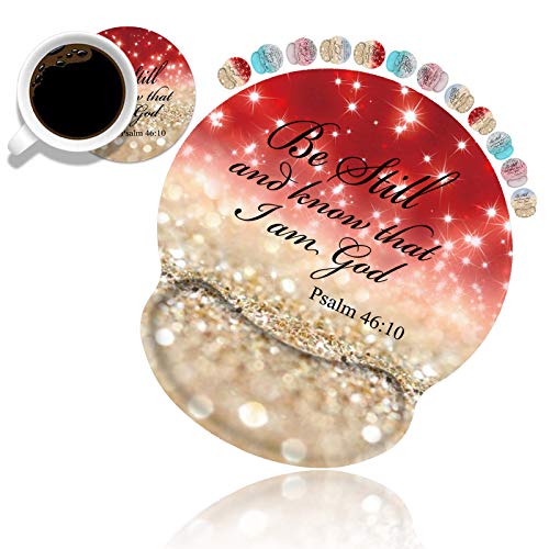 BWOOLL Ergonomic Mouse Pad Wrist Support and Coasters Set, Gaming Mouse Pad with Lycra Cloth, Non-Slip PU Base for Computer Laptop Home Office, Red Glitter Christian Quote Bible Verse Psalm 46:10