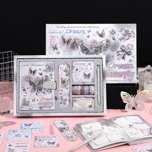 Image of PLUSPOINT Butterfly Aesthetic Scrapbook Kit for Girls - A5 Lock Diary with Stickers, Washi Tape, Memo Pads & Pen, Kawaii Journal Stationery Gift Set for DIY Scrapbooking