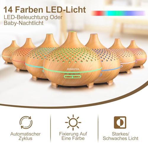 ZOVHYYA 500ML Aroma Diffuser für Ätherische Öle Aromatherapie-Diffuser mit 8 Ölen, Fernbedienung, 4 Timer, 14 Farben und 2 Sprühmodi(Goldgelb)